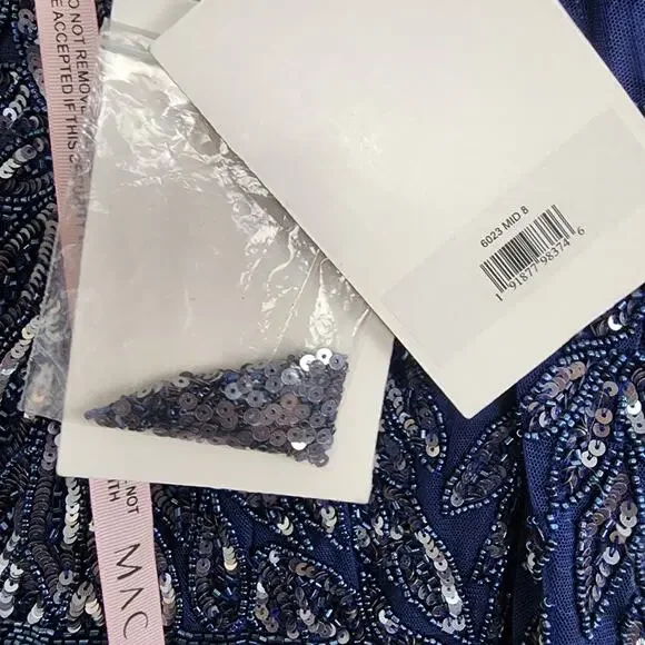 NWT Mac Duggal Illusion Beaded Embellished Long Sleeve Gown 8 Midnight Formal
